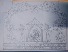 this is a drawing of some people in front of a tent with a man and woman on it