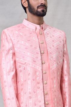 Pink sherwani jacket with floral pattern and sequin embroidery. Paired with an inner kurta and aligadhi pant. - Aza Fashions Fitted Pink Kurta For Ceremonial Occasions, Fitted Pink Bandhgala For Ceremonial Occasions, Fitted Festive Traditional Wear With Motifs, Traditional Sherwani With Motifs For Designer Wear, Traditional Sherwani With Motifs For Festivals, Festive Straight Kurta Sherwani With Motifs, Traditional Sherwani With Motifs For Transitional Season, Diwali Sherwani With Straight Kurta And Motifs, Diwali Sherwani With Motifs In Straight Kurta Style