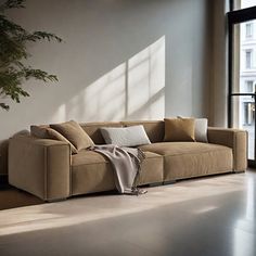 a couch sitting in front of a window next to a potted plant