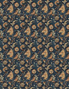 a blue and orange floral pattern on a black background with an intricate design in the center