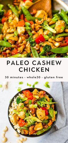 this paleo cashew chicken is loaded with vegetables and rice