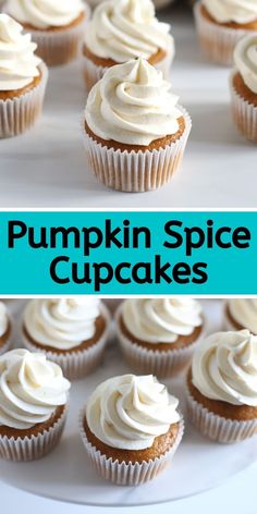 pumpkin spice cupcakes with white frosting on a plate