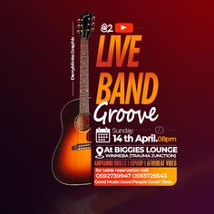 an advertisement for a concert with a guitar on the front and side of it that says live band grove