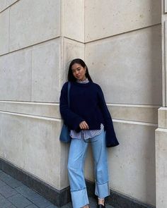 9 Blue-Jeans Outfits Fashion Influencers Wear on Repeat | Who What Wear UK Navy Blue Sweater Outfit, Blue Outfit Winter, Jean Shirt Outfits, Blue Top Outfit, Blue Striped Shirt Outfit, Blue Sweater Outfit, Outfits With Striped Shirts, Fall Back In Love, Double Denim Looks