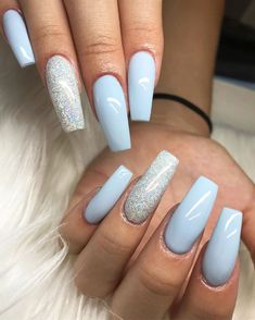 Baby Blue Coffin Nails, Stars Nails, Blue Coffin Nails, Blue Glitter Nails, Nails With Glitter, Baby Blue Nails, Blue Acrylic Nails