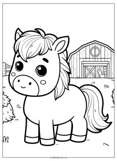 a cute little pony standing in front of a barn