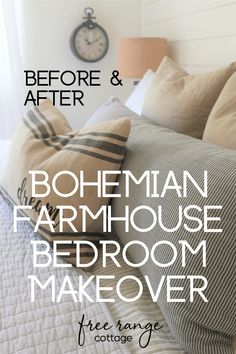 the before and after of a bohemian farmhouse bedroom makeover with text overlays