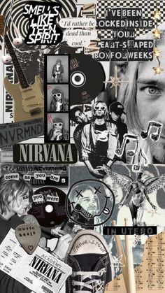 a collage of various images with words and pictures on them, including an image of nirvana