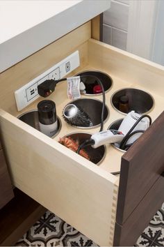 Docking Drawer steel canisters inside of a bathroom vanity drawer holding electrical items. Vanity Styling, Docking Drawer, Luxury Closets Design, Wardrobe Interior Design, Bathroom Redesign, Bathroom Design Decor, Bathroom Inspiration Decor, Dressing Room Design, Closet Designs