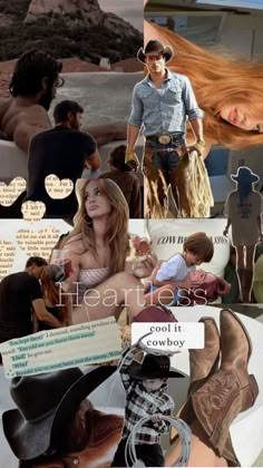 collage of photos with people and horses in the background, including an image of a cowboy