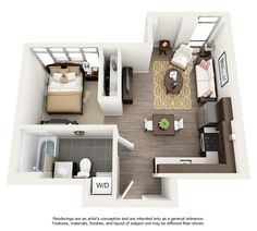 the floor plan of a studio apartment with one bedroom and an attached living room area