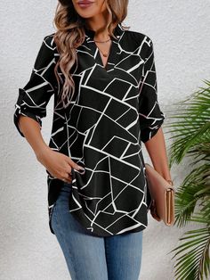 Geometric Printed Shirt With Notched Collar And Rolled-up Sleeves Black Casual  Long Sleeve Woven Fabric Geometric,All Over Print Top Non-Stretch  Women Clothing, size features are:Bust: ,Length: ,Sleeve Length: Black Shirt With Geometric Pattern For Spring, Casual Geometric Pattern Blouse For Spring, Casual Spring Blouse With Geometric Pattern, Casual Long Sleeve Blouse With Geometric Pattern, Trendy Long Sleeve Blouse With Geometric Pattern, Black Tops With Geometric Pattern For Spring, Spring Black Blouse With Geometric Pattern, Spring Black Top With Geometric Pattern, Casual Workwear Blouse With Geometric Pattern