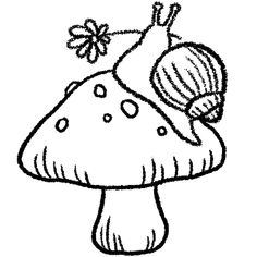 a black and white drawing of a mushroom with a girl on it's back