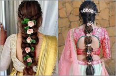 two women with braids and flowers in their hair, one is wearing a dress