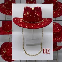 “Biz” Red Suede Rancher Hat By Www.Thechapeauholic.Com Follow Me On Ig @Thechapeauholic Hand Painted Gold Chain Signature Feather 3.5 Inch Brim/4 Inch Crown Medium 57cm-59cm Elastic Sweatband Red Fitted Hat For Festival, Fitted Red Festival Hat, Trendy Hat For Kentucky Derby Party, Trendy Hats For Kentucky Derby Party, Trendy Kentucky Derby Party Hat, Red Wide Brim Felt Hat For Party, Red Fedora With Curved Brim For Parties, Red Fedora Mini Hat For Party, Red Fitted Fedora For Party