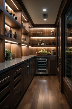 a kitchen with wooden cabinets and dark wood flooring, lighted by recessed lighting