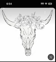 a drawing of a bull's skull with flowers on it