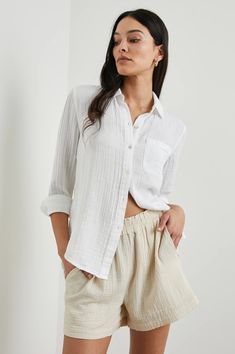 The White cotton gauze Ellis Shirt by Rails Cotton Gauze Shirt, Dior Sweater, Gauze Shirt, Short Loungewear, Boutique Homes, Mother Denim, Shell Buttons, Cozy Fits, Eco Friendly Fabric