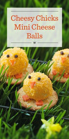 mini cheese balls in the shape of chickens on top of grass with text overlay