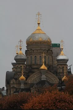 an ornate building with golden domes on top