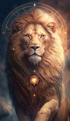 a lion sitting on its hind legs in front of a sky filled with stars and clouds