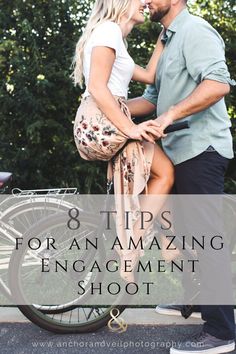 a man and woman standing next to each other with the words 8 tips for an amazing engagement shoot