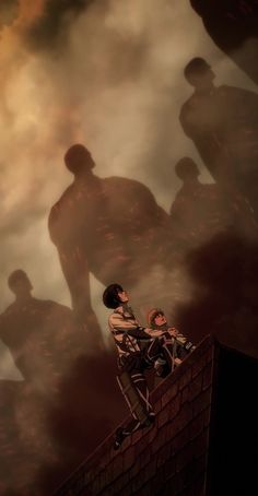 two children sitting on top of a roof next to a shadow of people standing in front of them