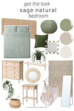 a bedroom with green and white accessories on the wall, bedding, pillows, rugs, mirror, table