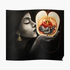 a painting of a woman holding an apple with a baby in it's lap