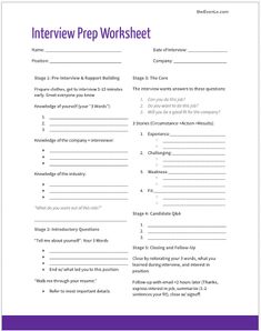 an interview sheet with the words interview prep worksheet in purple and white on it