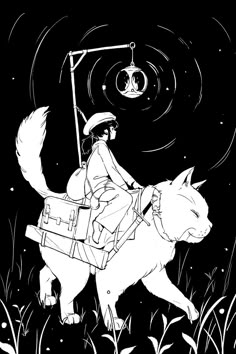 a black and white drawing of a person riding on the back of a horse with a dog