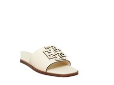 Tory Burch Ines Slide - Women's Slide Shoes : New Ivory : Add a charming touch to your look with the clean and chic Tory Burch Ines Slides. Upper made of leather with logo detail. Easy slip-on design. Leather lining. Lightly cushioned, stationed insole. Round toe. Synthetic sole. Made in Brazil. Measurements: Heel Height: 1 4 in Weight: 6 oz Product measurements were taken using size 9, width M. Please note that measurements may vary by size. Weight of footwear is based on a single item, not a p Classic Synthetic Slides, Classic White Sandals With Leather Sole, Classic Synthetic Sandals, Classic Sandals With Leather Lining And Synthetic Material, Open Toe Sandals With Logo For Spring, Spring Open Toe Sandals With Logo, Classic White Slip-on Sandals, Elegant Leather Slides With Cushioned Footbed, Leather Open Toe Sandals With Logo