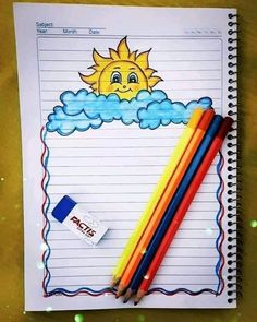 two pencils and an eraser sitting on top of a notebook with the sun above it