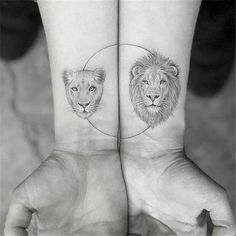 two people holding hands with tattoos on their wrists and one has a lion head in the middle