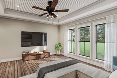 a bedroom with wood flooring and ceiling fan in the corner, tv on wall