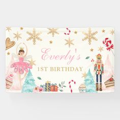 a birthday card with an image of a nutcracker and fairy on it, surrounded by christmas trees