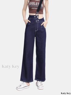 Katykey - Womens Asymmetrical Waist Denim Jeans with Shoulder Straps, High Waist Loose Fit Straight Pants - Fashionable Clothing for a Casual Look Tank Top Cami, Straight Pants, Casual Look, Shoulder Straps, Casual Looks, Denim Jeans, High Waist, Loose Fitting, High Waisted