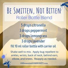 Essential oil roller bottle blends that keep bugs away- mosquitos, flies, gnats, no-see-ums, ticks. {free printable labels & recipes} So small & convenient - just toss one of these bug repellent rollerballs in your purse, bag, or pocket so you always have bug spray with you. Just roll on ankles, wrists, back of neck. Natural (DEET free). It’s a bug spray roll-on. How cool is that?! {Young Living, doTERRA, Plant Therapy, essential oil recipe, essential oil DIY} Be Smitten Not Bitten, Essential Oils For Mosquitoes, Essential Oil Bug Repellent, Essential Oil Bug Spray, Essential Oil Spray Recipes, Bug Spray Recipe