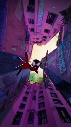 an animated spider man flying through the air in front of tall buildings with neon lights