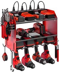 a red and black tool rack with tools on it