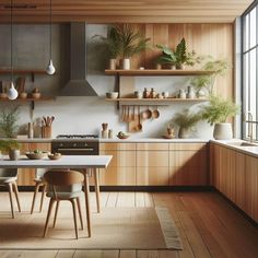 a kitchen filled with lots of wooden furniture and plants on the shelves over the stove