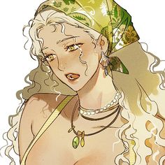 a drawing of a woman with blonde hair and green leaves on her head wearing a necklace