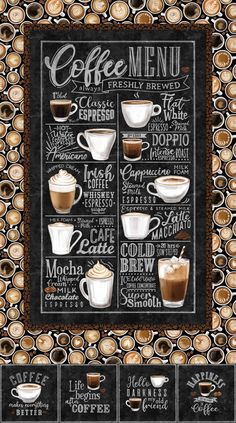 a coffee menu with different types of cups and saucers on the side, in front of