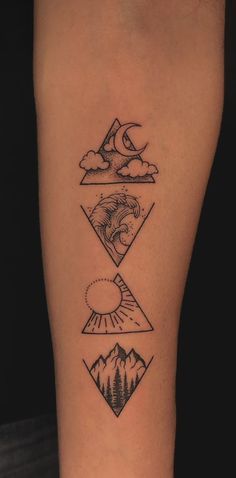 a tattoo on the leg of a person with mountains, clouds and sun in it