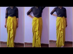 three pictures of a woman wearing a black top and yellow skirt