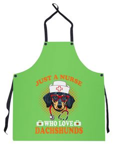 a green apron that says just a nurse who loves dachshunds