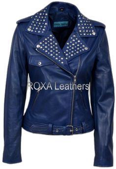 Blue Biker Leather Jacket For Winter, Blue Long Sleeve Biker Leather Jacket, Blue Biker Jacket For Fall, Blue Fitted Moto Leather Jacket, Blue Fitted Biker Leather Jacket, Fitted Blue Biker Leather Jacket, Fitted Blue Leather Biker Jacket, Blue Biker Leather Jacket For Fall, Blue Leather Moto Outerwear