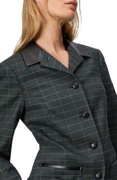 A faux-leather collar polishes a wool-blend blazer gridded in a muted plaid pattern. 28" length (size 4) Front button closure Spread collar Front patch pockets Lined 53% wool, 45% polyester, 2% spandex Dry clean Imported Fall Blazer With Padded Collar For Workwear, Blazer With Padded Collar For Fall Workwear, Workwear Blazer With Padded Collar For Fall, Classic Blazer With Padded Collar For Work, Classic Fitted Blazer With Padded Collar, Fall Plaid Blazer With Concealed Placket, Classic Blazer With Padded Collar For Business, Classic Business Blazer With Padded Collar, Leather Collar