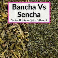 a pile of green tea next to a sign that says bancha vs senda