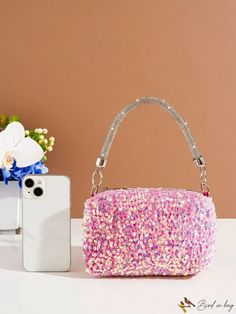 BirdinBag - Glamorous Sequin Mini Square Bag Trendy Pink Party Bags, Pink Rectangular Bag With Single Handle, Pink Rectangular Shoulder Bag With Single Handle, Trendy Party Clutch Phone Bag, Trendy Clutch Phone Bag For Party, Trendy Party Satchel Bag, Pink Satchel Bag With Single Handle, Pink Crossbody Shoulder Bag For Party, Rectangular Pink Satchel For Party